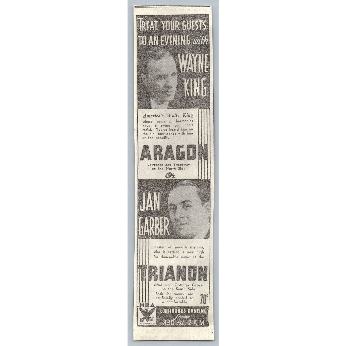 1930s Chicago Big Band Dance Print Ad Wayne King Aragon Jan Garber Trianon NRA