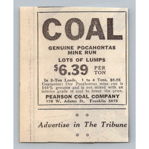 1931 Pearson Coal Co Chicago Tribune Print Ad Pocahontas Mine Run Ephemera