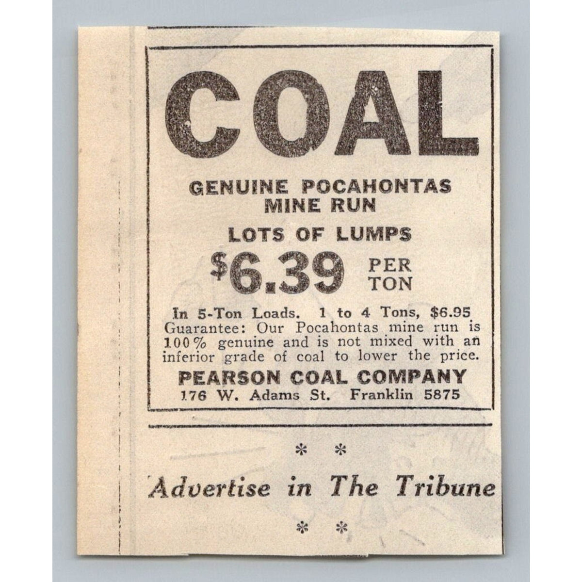 1931 Pearson Coal Co Chicago Tribune Print Ad Pocahontas Mine Run Ephemera