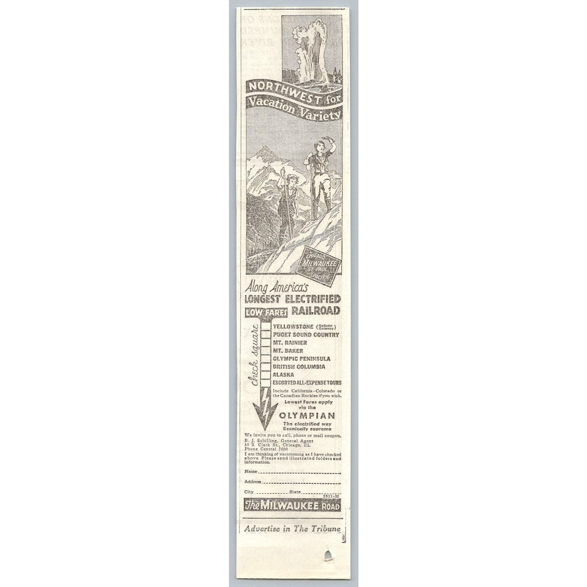 1933 Milwaukee Road Railroad Advertisement Yellowstone Mt Rainier Ephemera