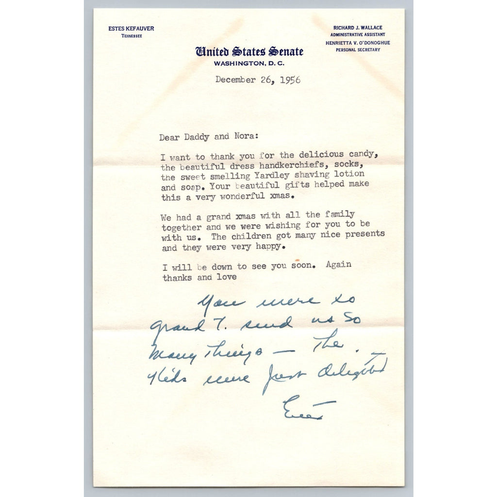 1956 Signed Estes Kefauver Senate Letterhead Personal Letter To Dad Handwritten