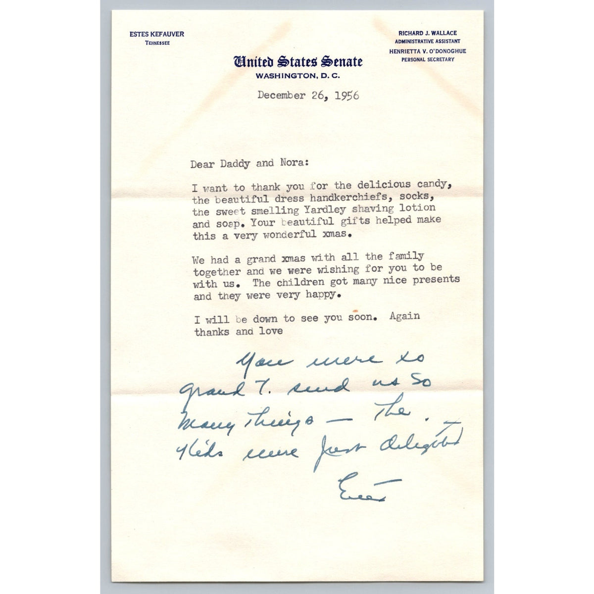 1956 Signed Estes Kefauver Senate Letterhead Personal Letter To Dad Handwritten