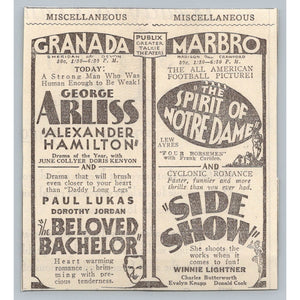 1931 Chicago Granada Marbro Movie Ad George Arliss Notre Dame Football Ephemera