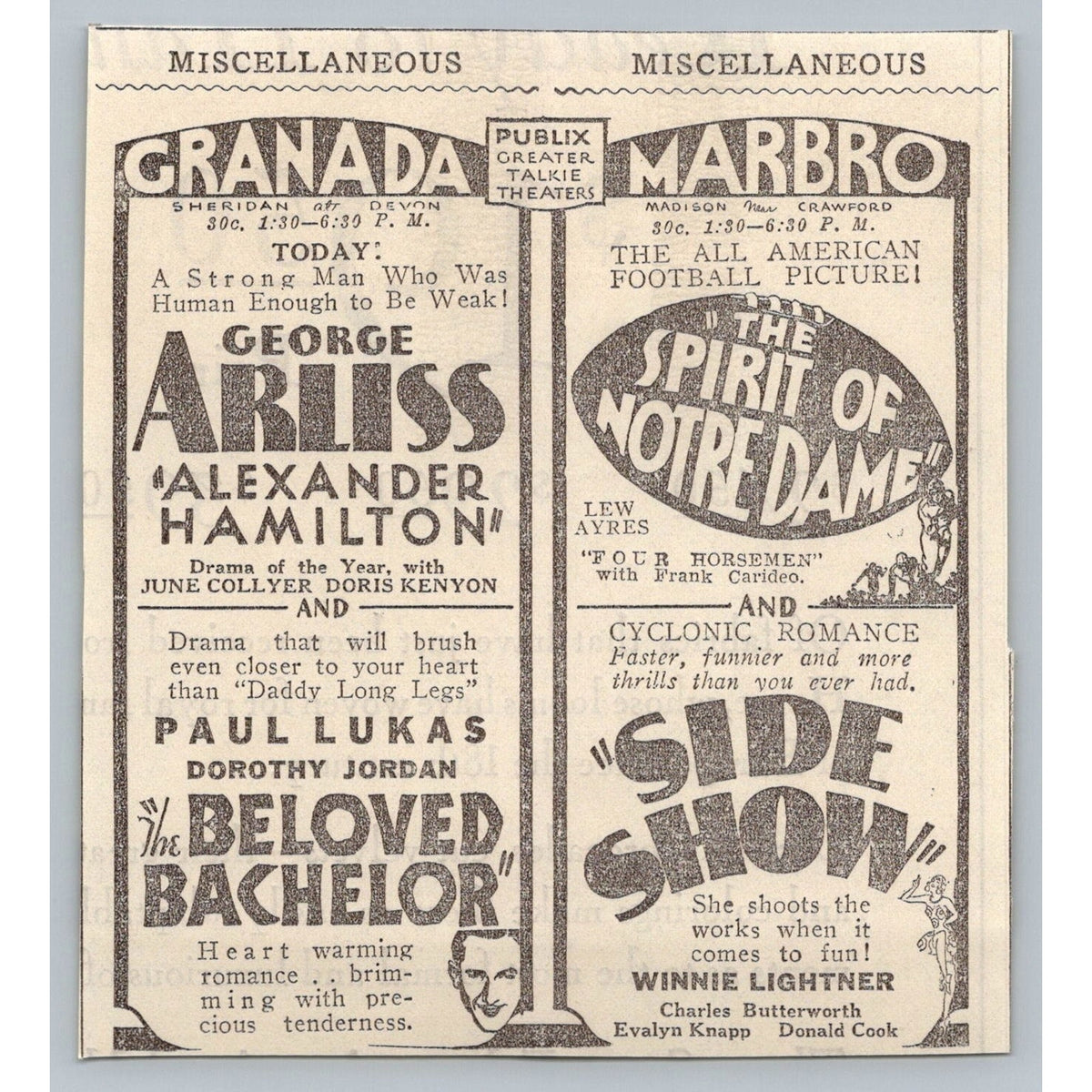 1931 Chicago Granada Marbro Movie Ad George Arliss Notre Dame Football Ephemera
