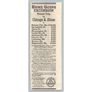1930 Chicago & Alton Railroad Excursion IL MO Train Travel Print Ad Rates