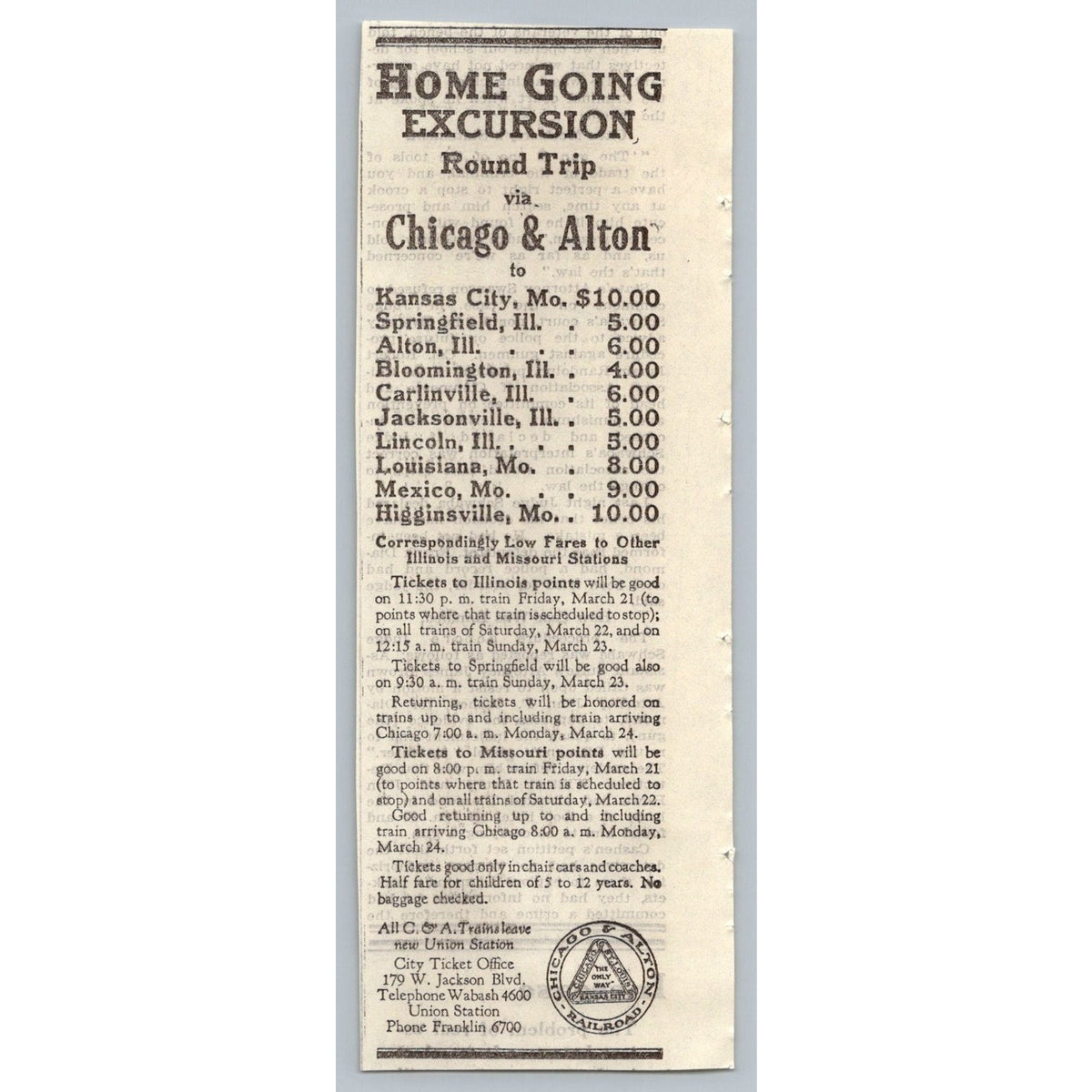 1930 Chicago & Alton Railroad Excursion IL MO Train Travel Print Ad Rates