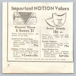 1933 Kleenex Tissue Kleinert's Notion Print Ad Chicago Oak Park Milwaukee Store