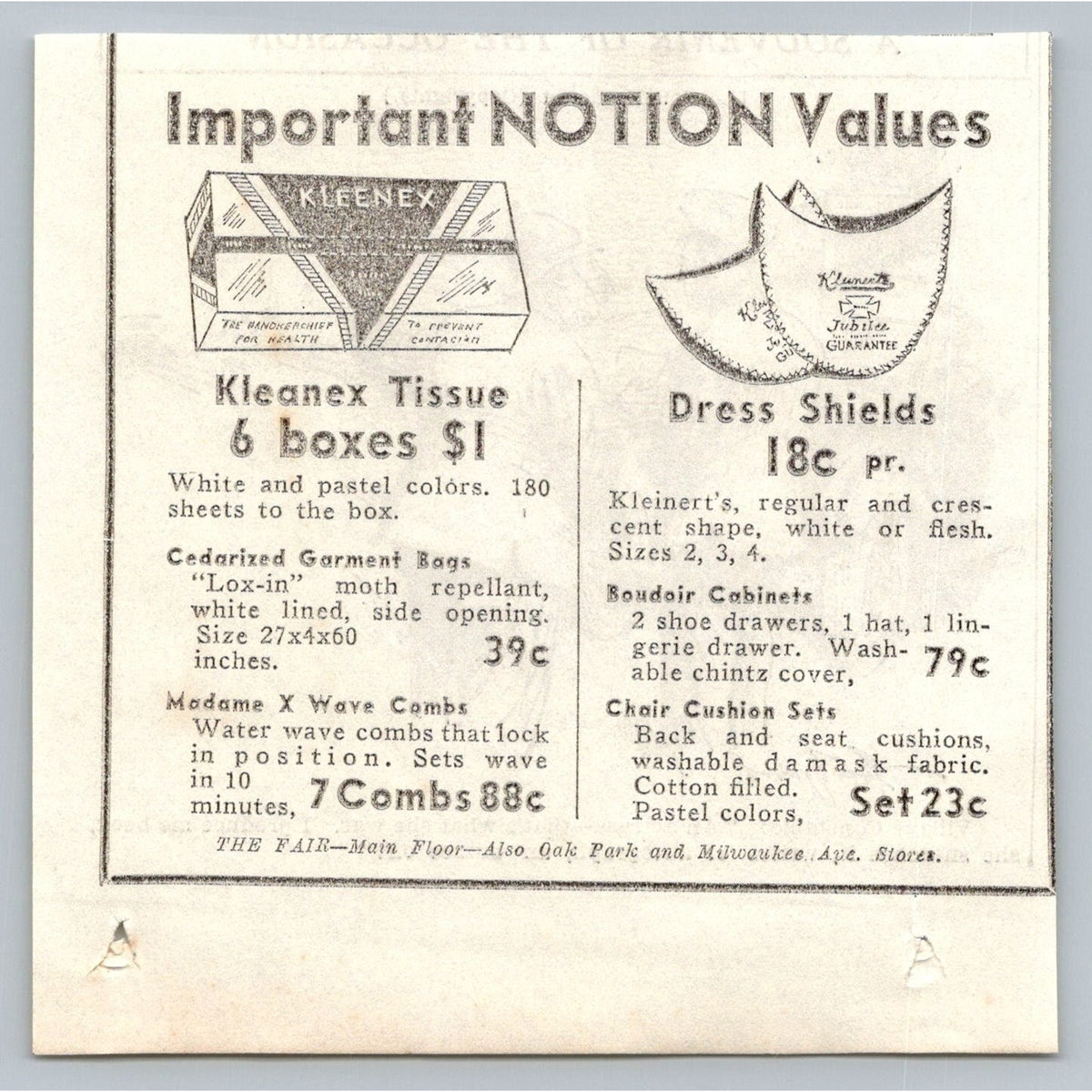 1933 Kleenex Tissue Kleinert's Notion Print Ad Chicago Oak Park Milwaukee Store