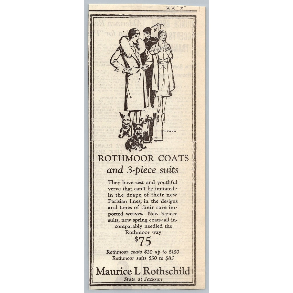 1930 Maurice L Rothschild Rothmoor Coats Fashion Ad Flapper Scottie Dog Ephemera