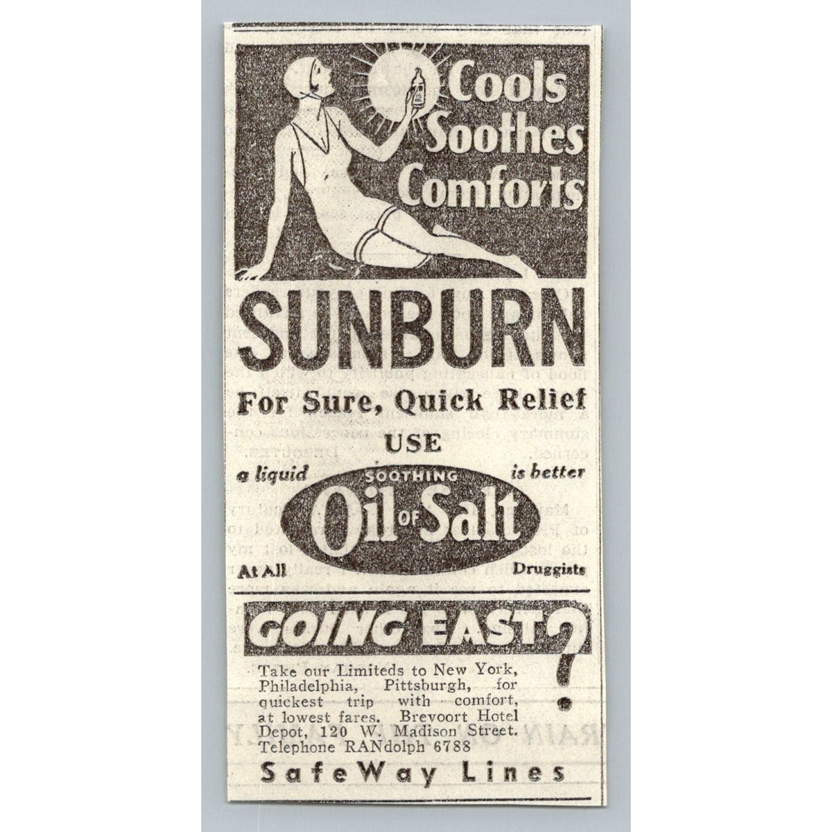 1930s Sunburn Relief Oil of Salt Ad Flapper Swimsuit Safeway Lines Chicago