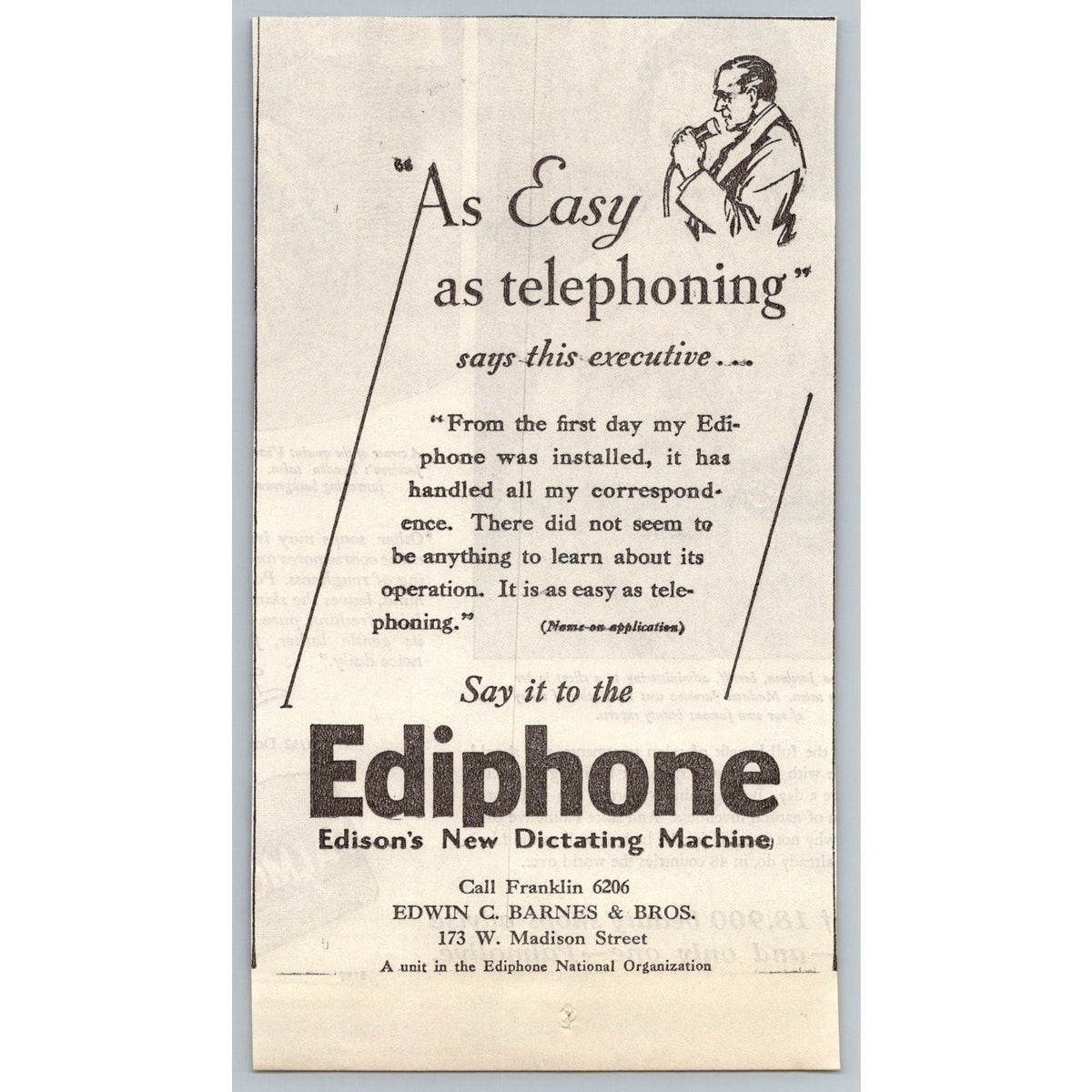 1930 Ediphone Edison Dictating Machine Vintage Print Ad Chicago Office Tech