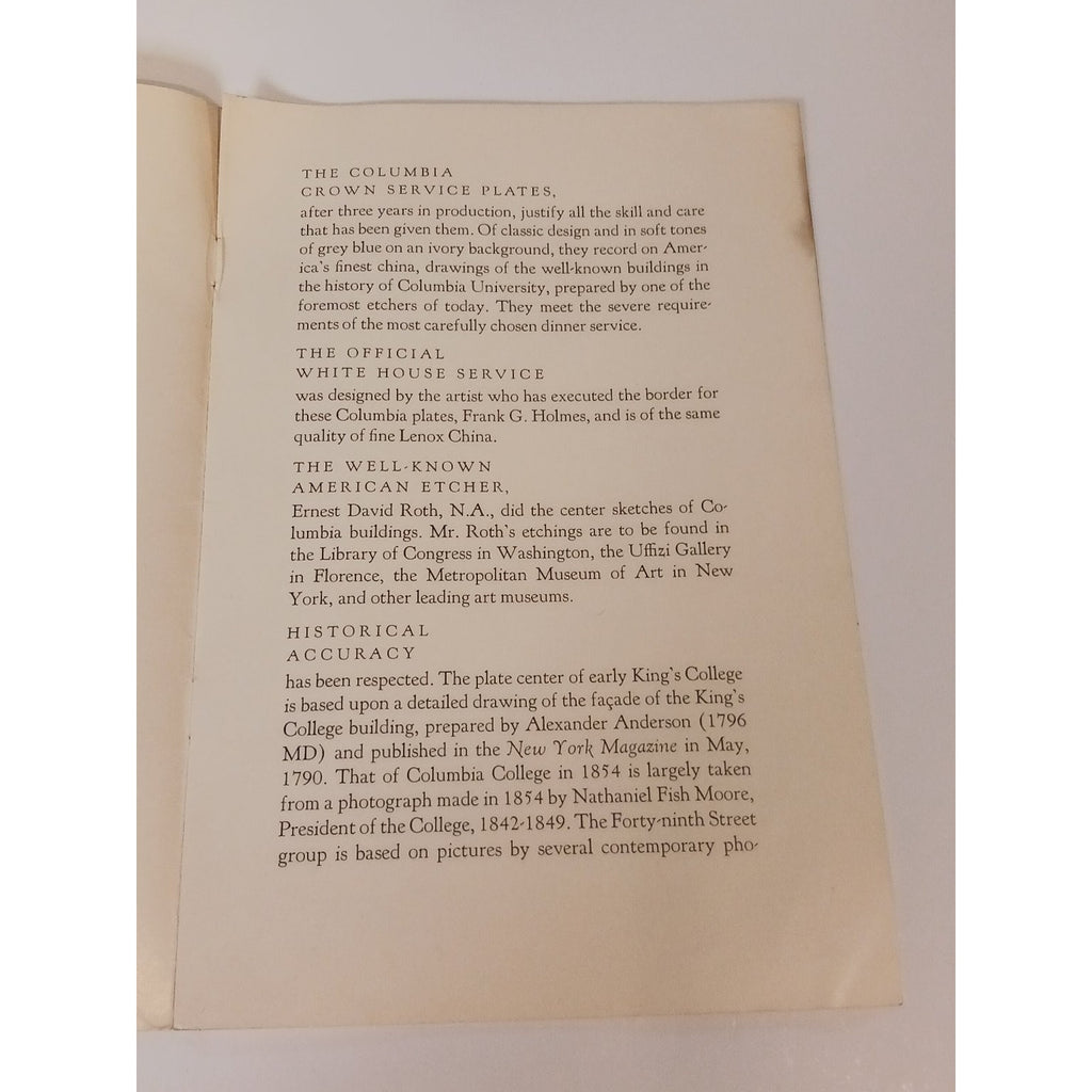 1930s Columbia University Crown Service Lenox China Plate Brochure Ephemera NYC
