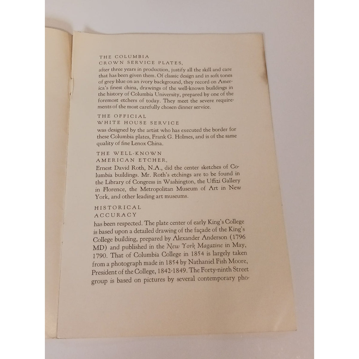 1930s Columbia University Crown Service Lenox China Plate Brochure Ephemera NYC