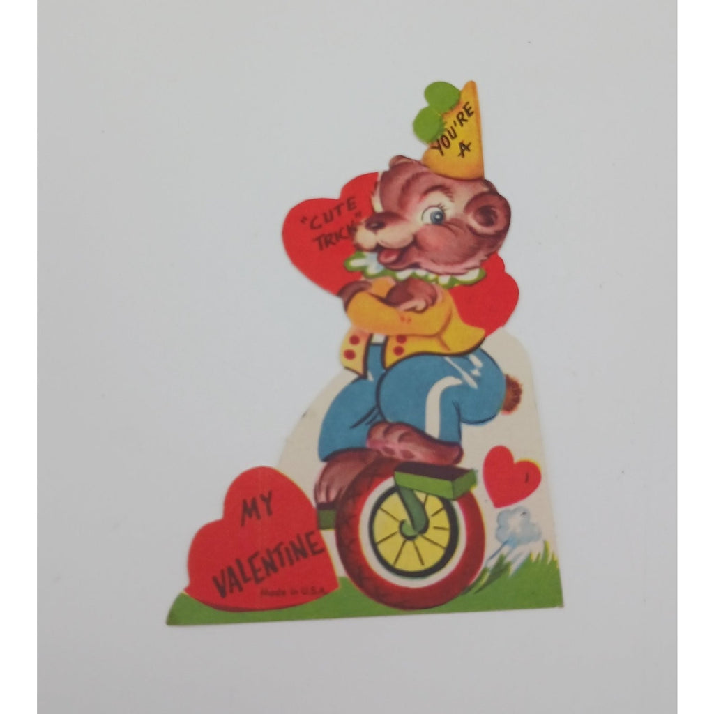 Vintage Die Cut Valentine's Day Card Bear Unicycle Hearts Anthropomorphic USA