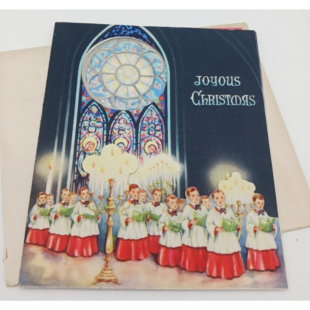 1951 Joyous Christmas Children Choir Singing Church MCM Vtg Greeting Card