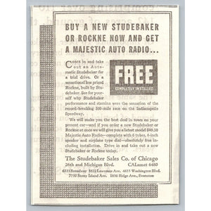 1933 Studebaker Rockne Chicago Auto Ad Majestic Radio Indianapolis 500