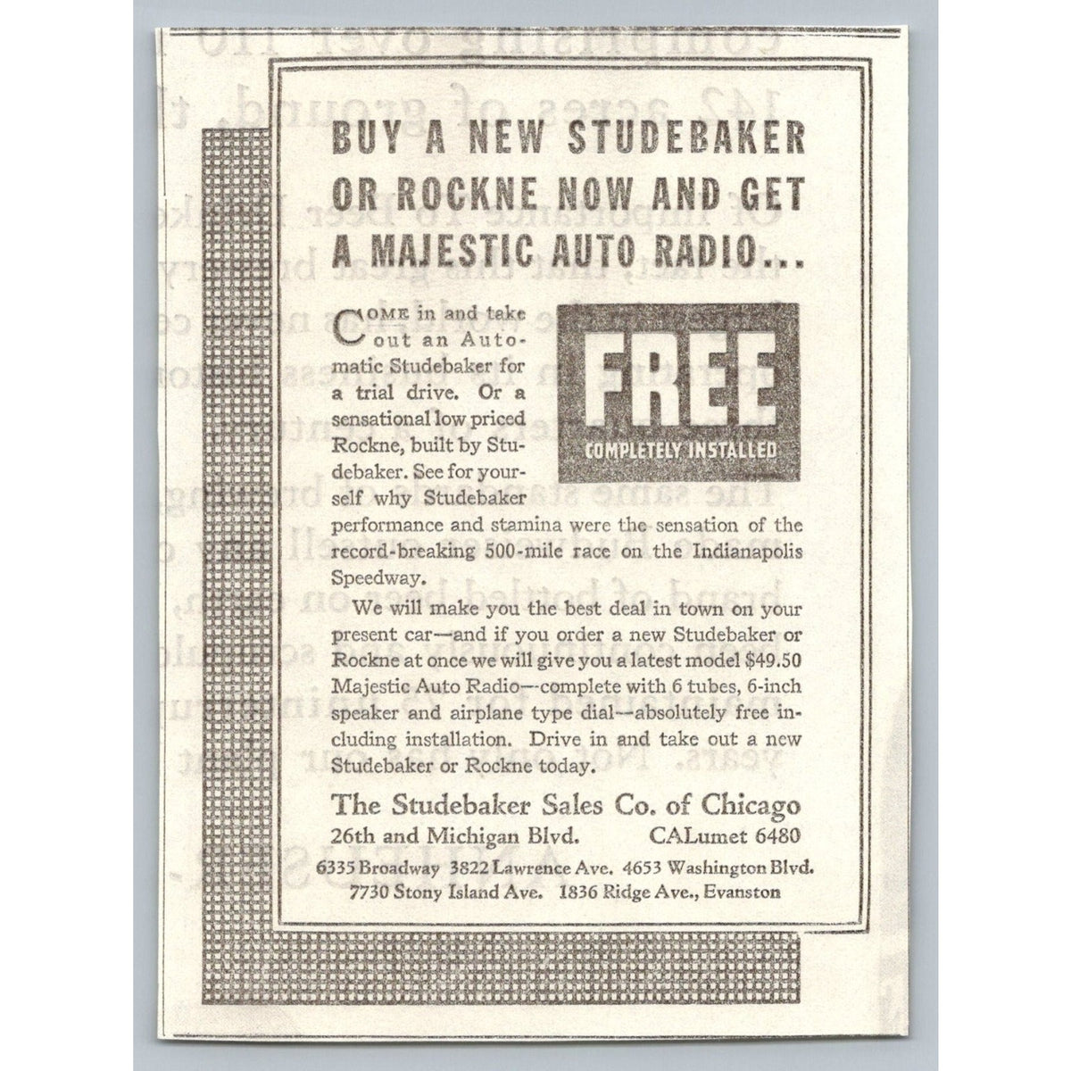 1933 Studebaker Rockne Chicago Auto Ad Majestic Radio Indianapolis 500