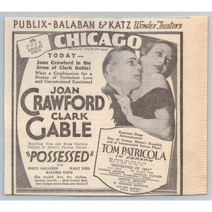 1931 Joan Crawford Clark Gable Possessed Movie Chicago Newspaper Ad