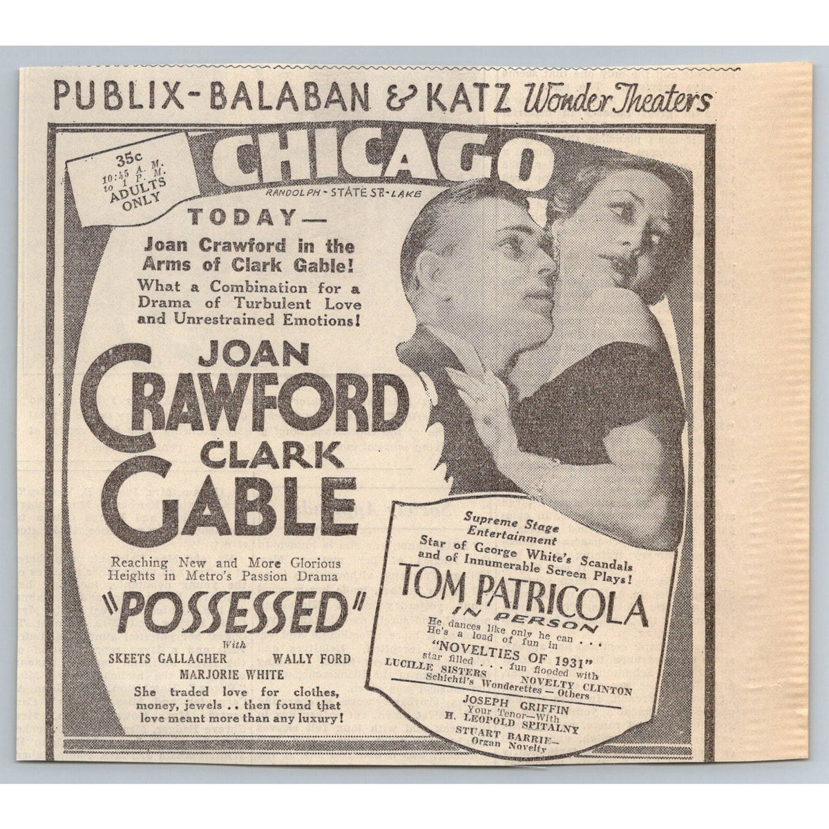 1931 Joan Crawford Clark Gable Possessed Movie Chicago Newspaper Ad