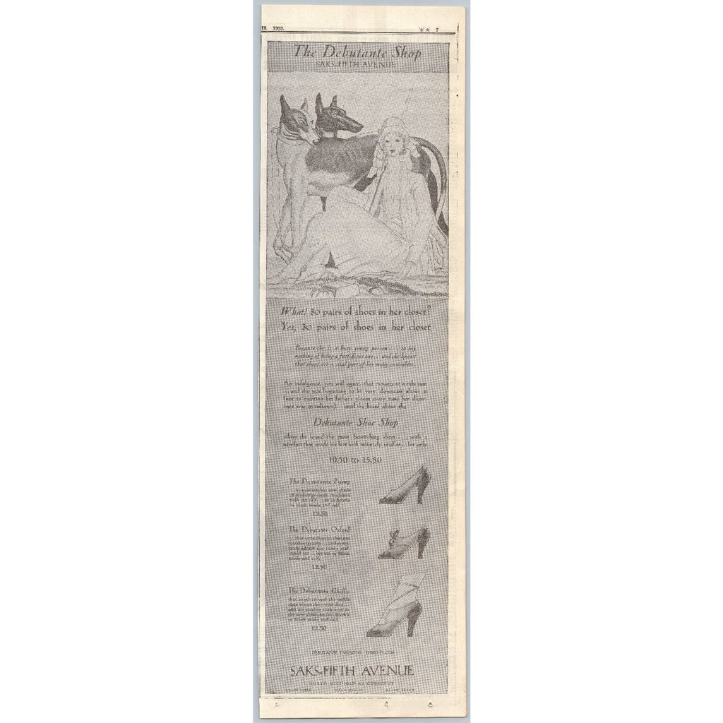 1930 Saks Fifth Avenue Debutante Shop Shoes Fashion Ad Flapper Greyhound Dogs