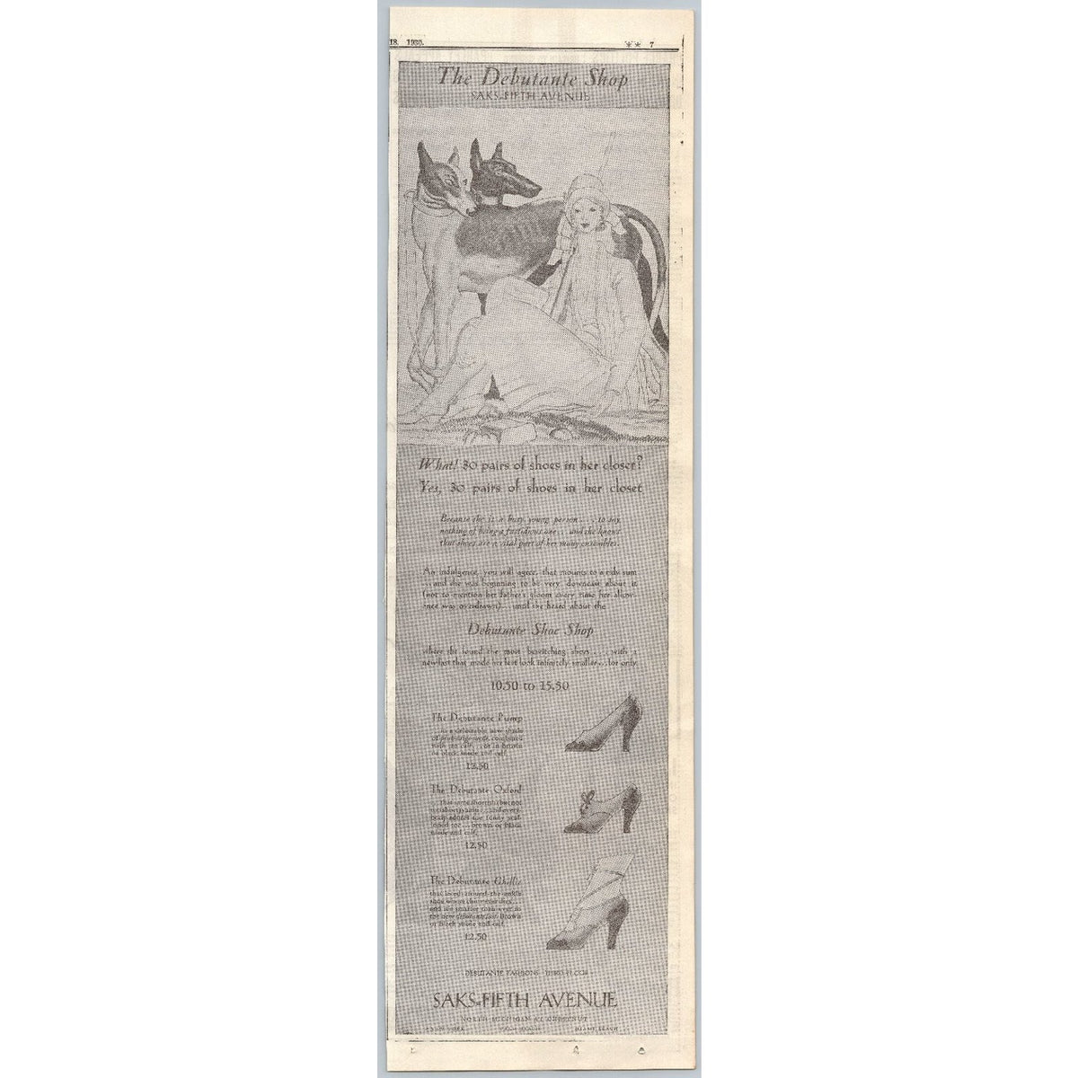 1930 Saks Fifth Avenue Debutante Shop Shoes Fashion Ad Flapper Greyhound Dogs