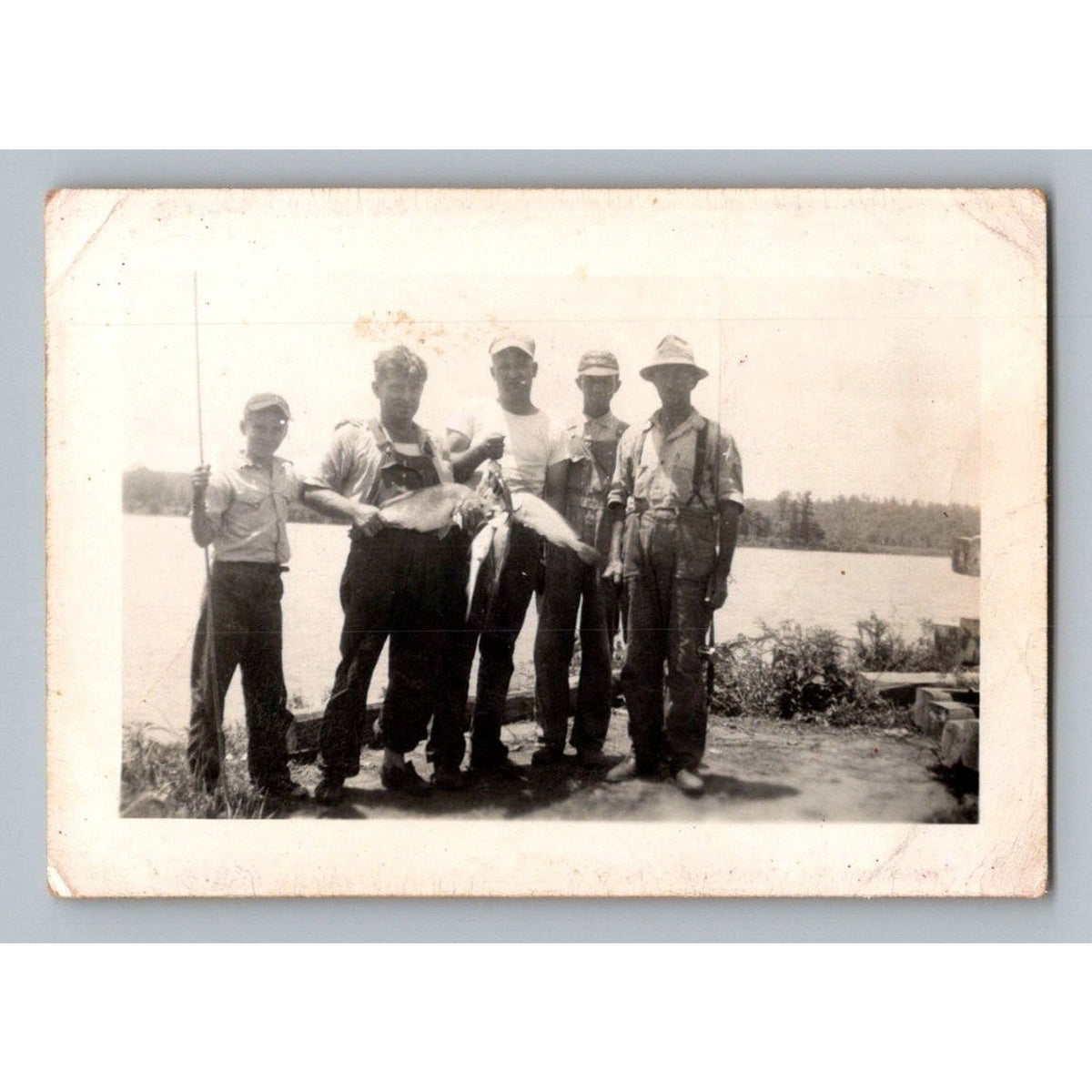 Vintage Men Fishing 1930s 1940s Snapshot Photo Lake Group Americana Catch