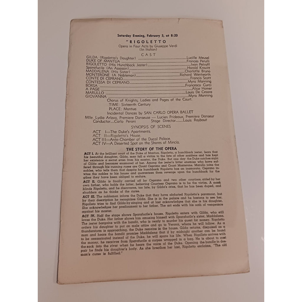 1940 San Carlo Opera Company Program Ellis Auditorium Memphis Aida Martha