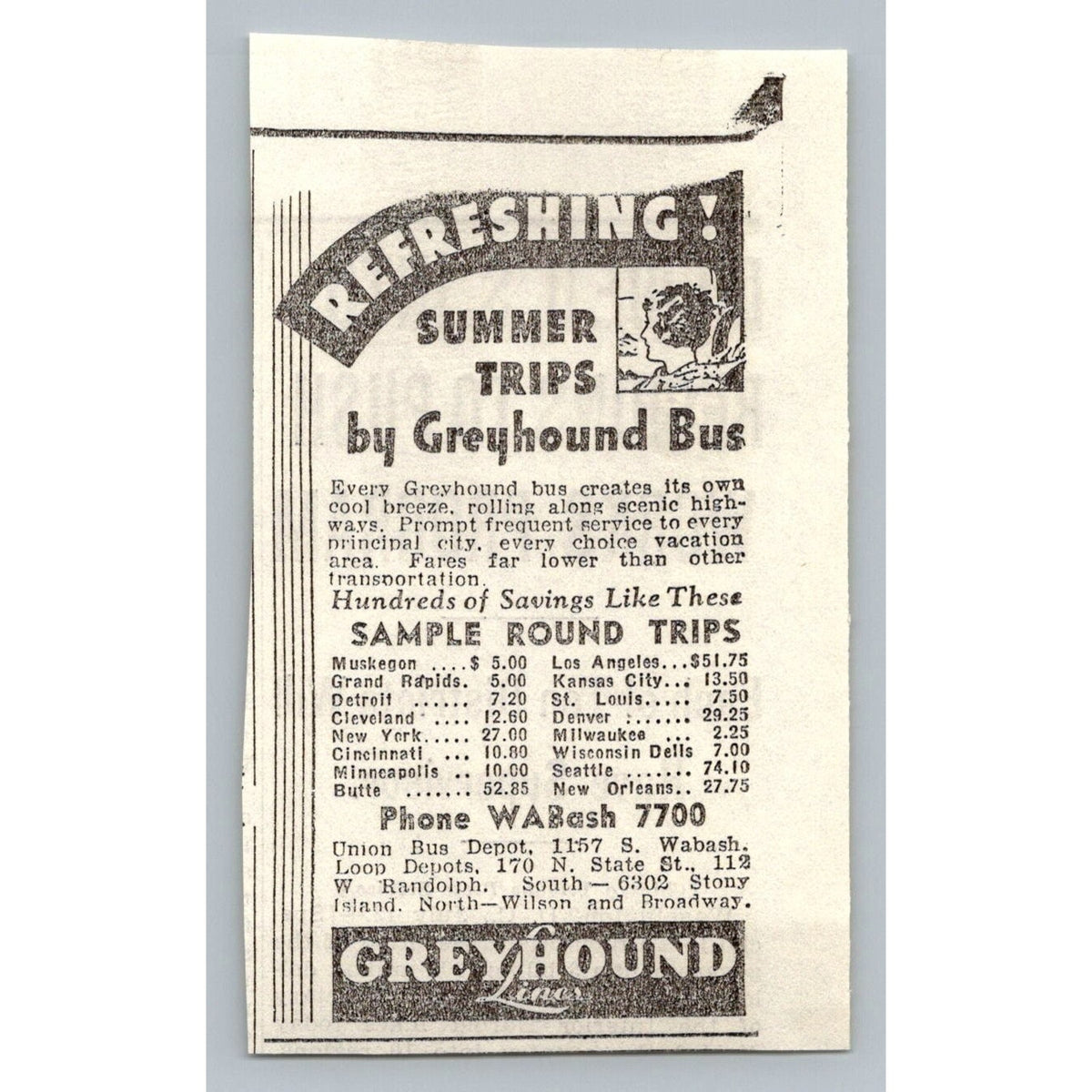 Vintage 1930s Greyhound Bus Travel Print Ad Chicago Summer Trips Ephemera