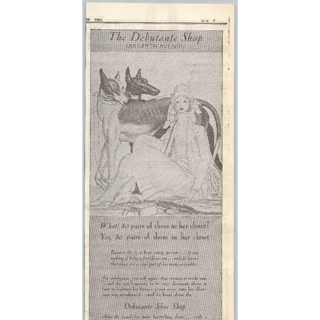 1930 Saks Fifth Avenue Debutante Shop Shoes Fashion Ad Flapper Greyhound Dogs
