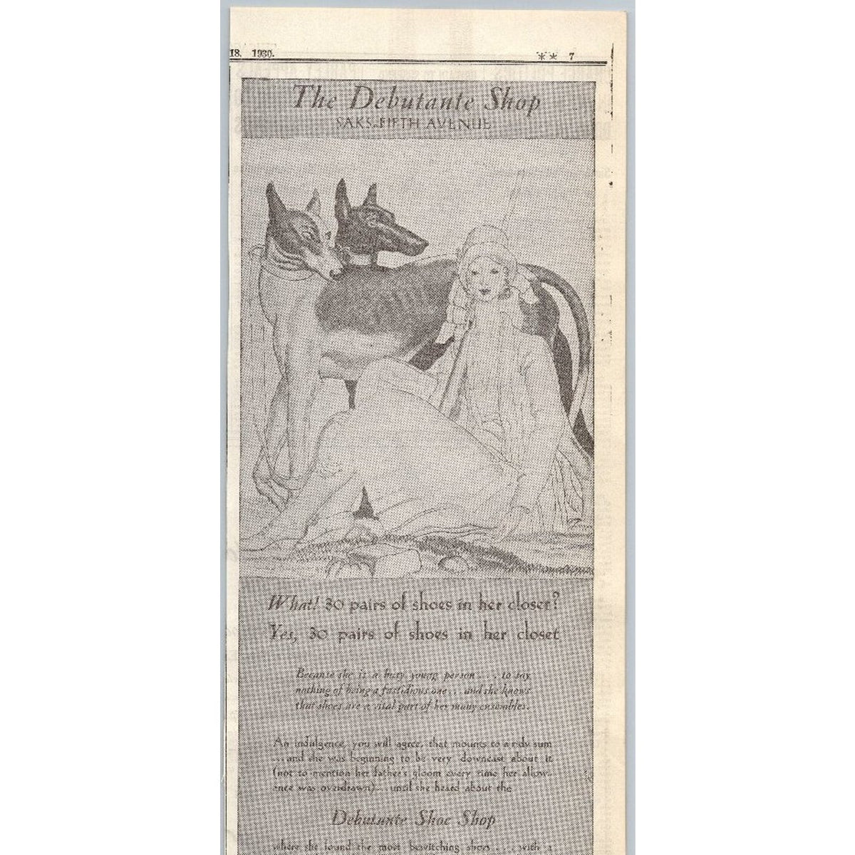 1930 Saks Fifth Avenue Debutante Shop Shoes Fashion Ad Flapper Greyhound Dogs