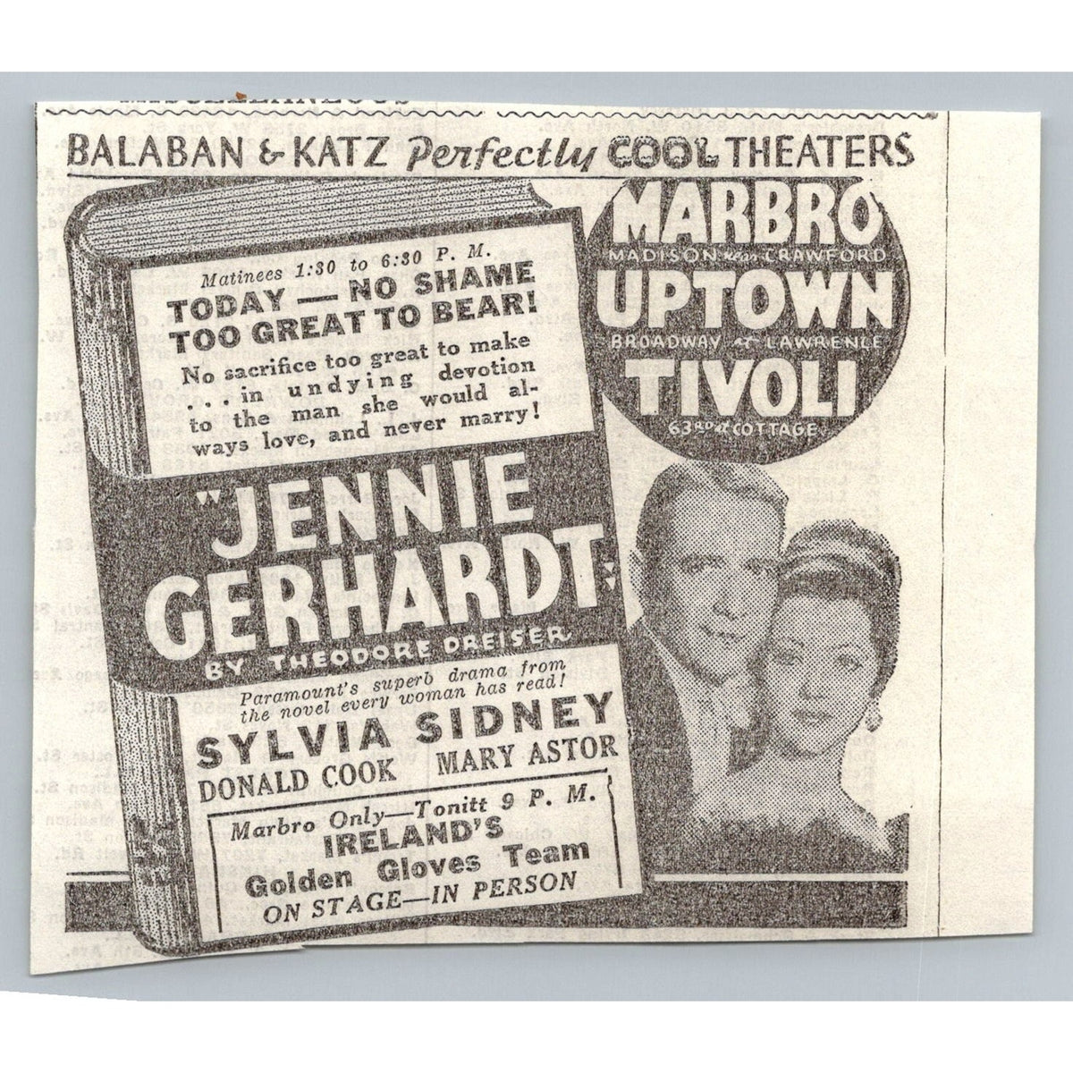 1933 Jennie Gerhardt Movie Ad Balaban & Katz Chicago Theaters Sylvia Sidney