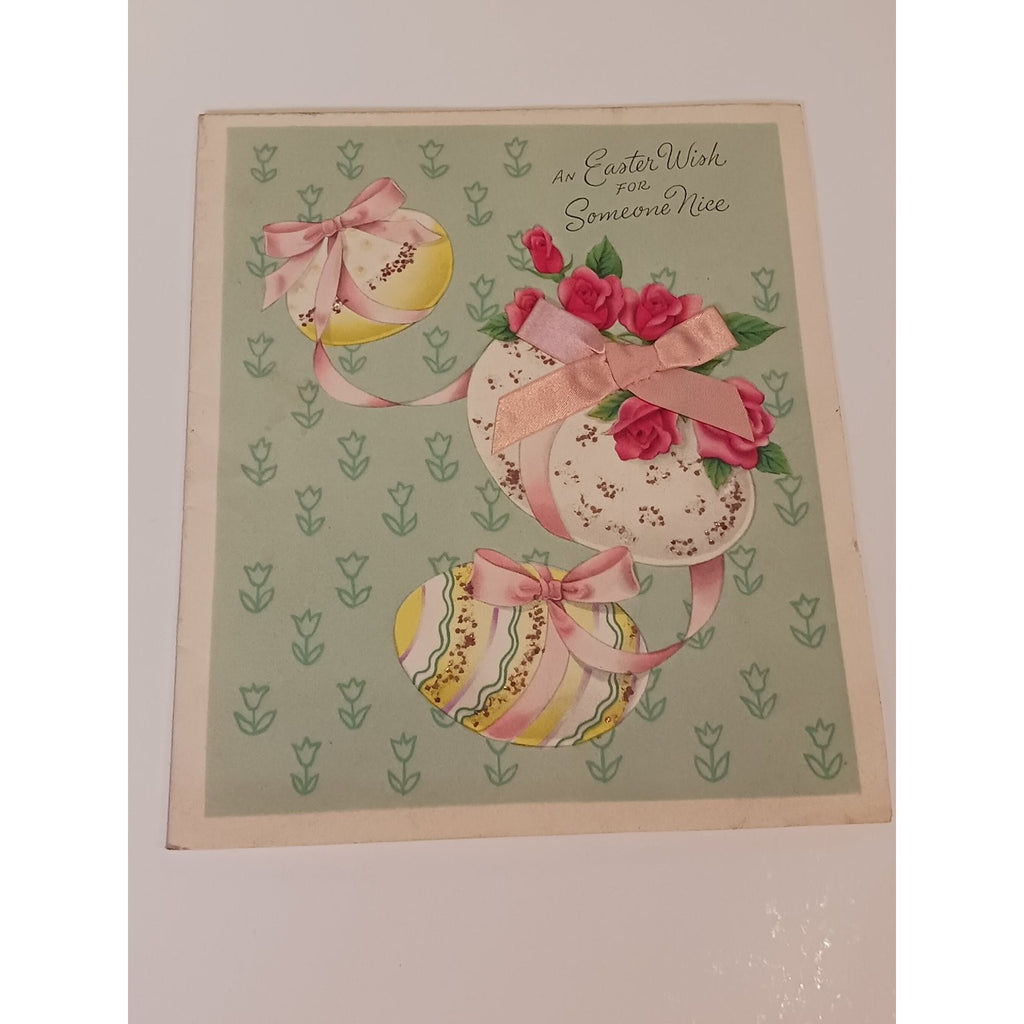 Vintage 1950s American Greetings Easter Card Glitter Pink Roses Eggs Ephemera