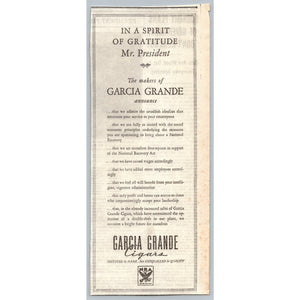 1933 Garcia Grande Cigars NRA New Deal Newspaper Print Ad