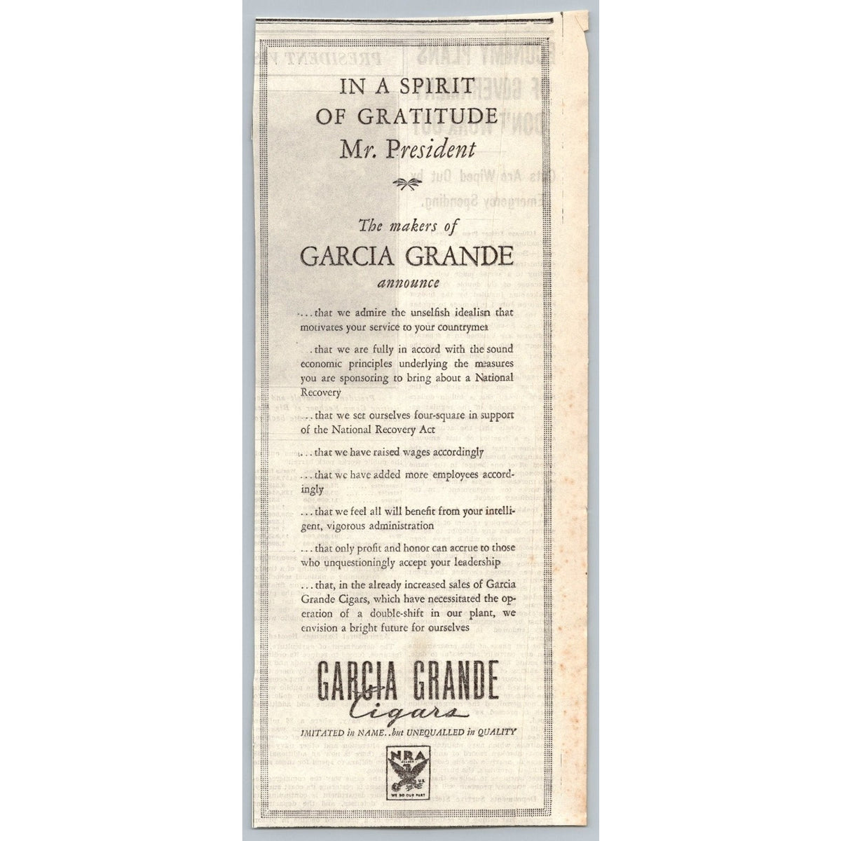 1933 Garcia Grande Cigars NRA New Deal Newspaper Print Ad