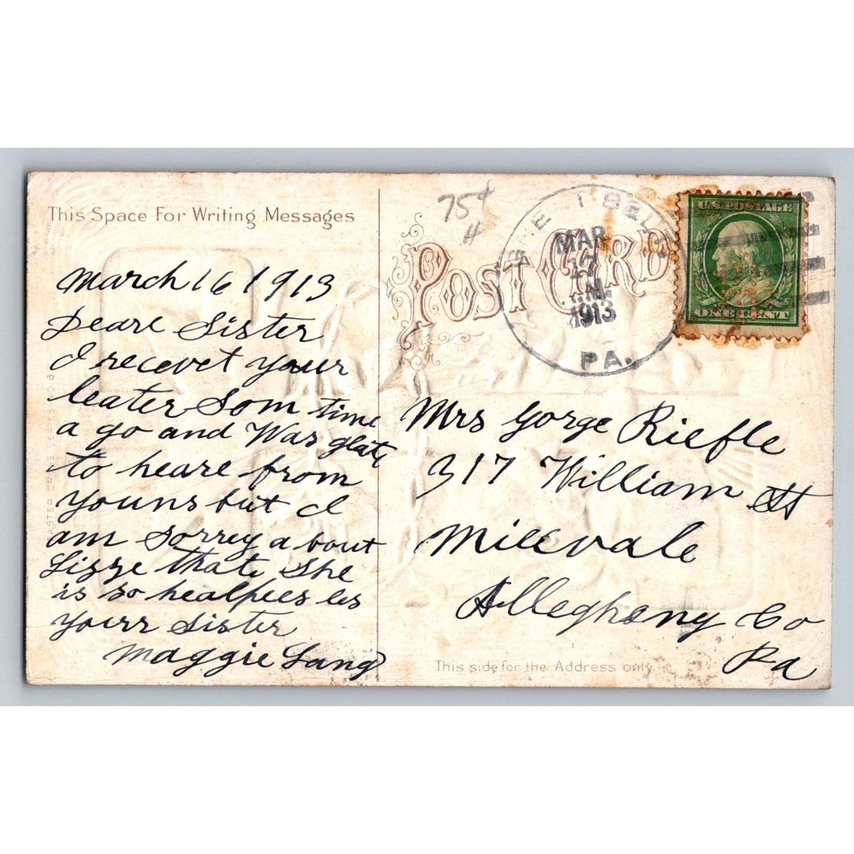 1913 Embossed Cross Violets Butterfly Postcard Easter Christian Millvale PA