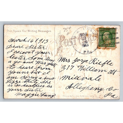 1913 Embossed Cross Violets Butterfly Postcard Easter Christian Millvale PA