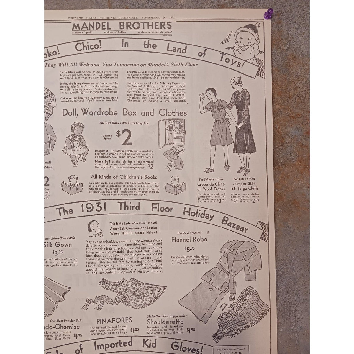 1931 Chicago Mandel Brothers Christmas Holiday Santa Clown Bazaar Ad Ephemera
