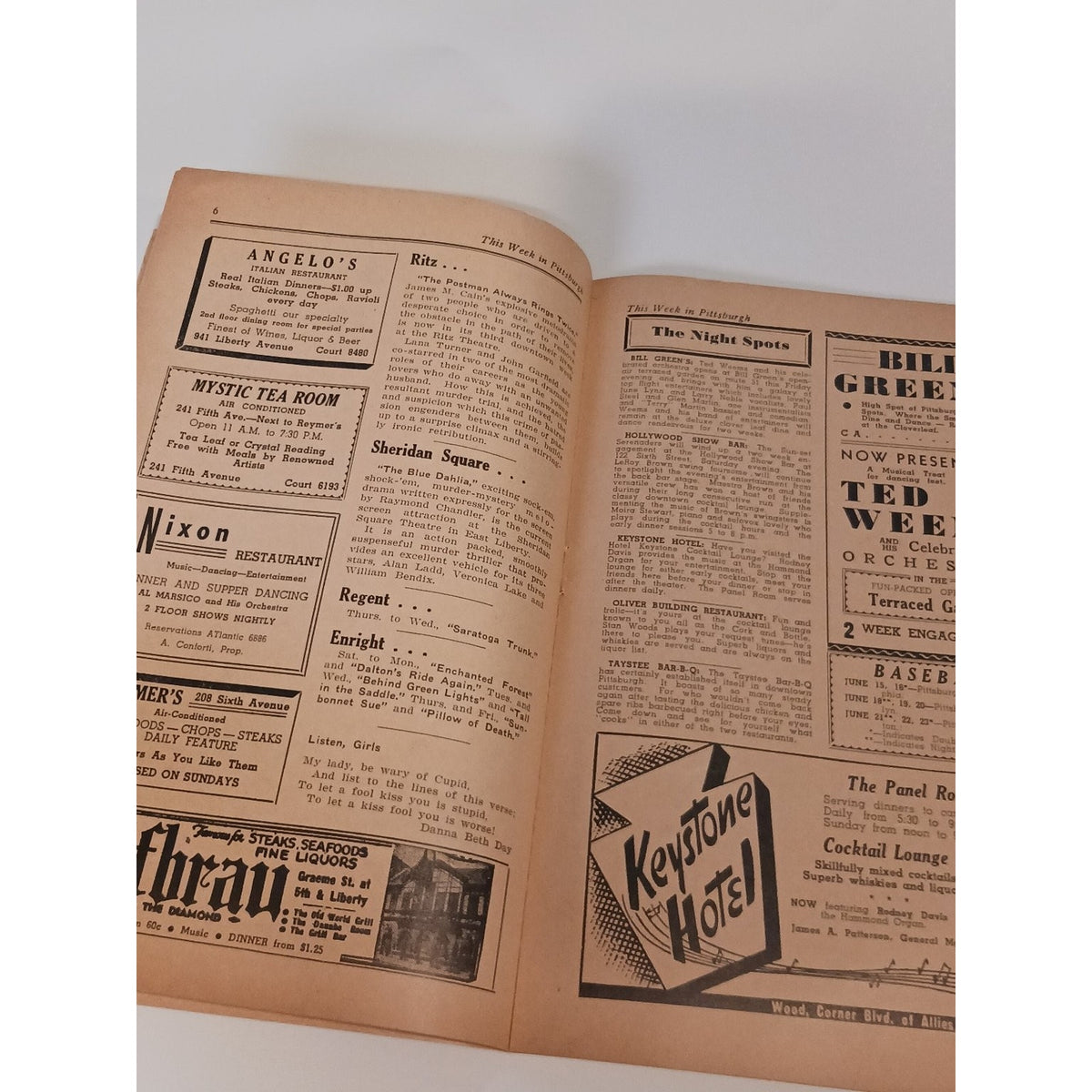 1946 This Week in Pittsburgh Guide Ted Weems Old Vintage Ephemera Ads
