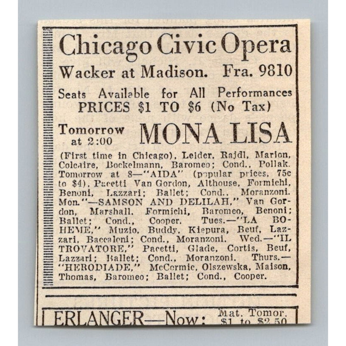 1931 Chicago Civic Opera Ad Mona Lisa Aida Samson Delilah La Boheme Trovatore